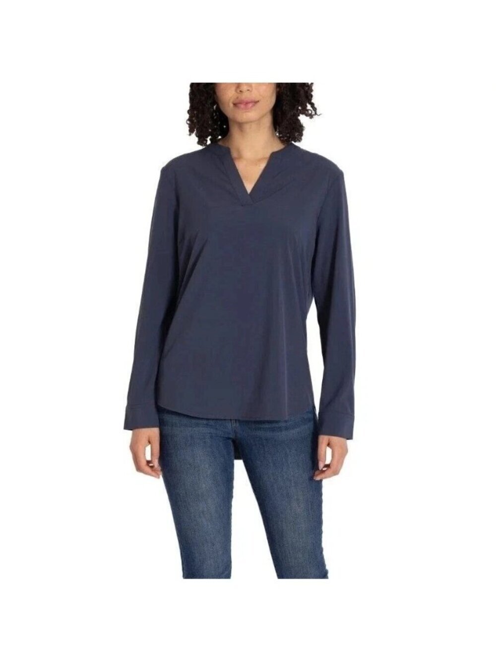 NWT REV Women's M Long Sleeve Blue Tunic Blouse With V-Neckline i2101